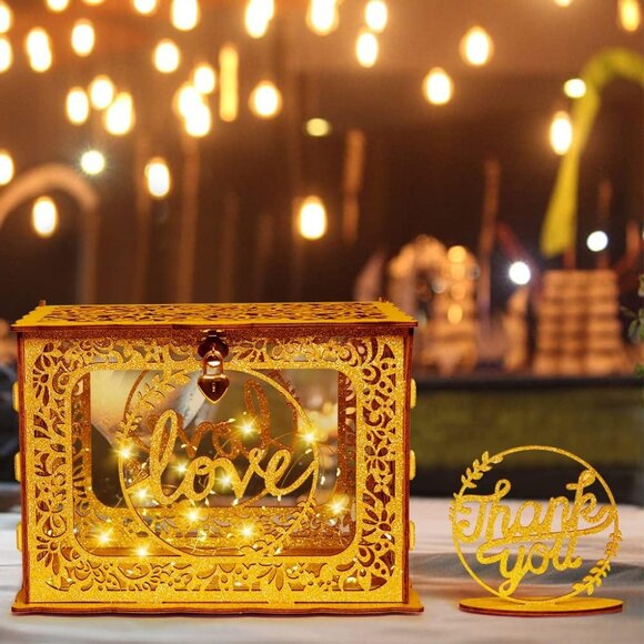 Other - Gold Card Box for Wedding, Glitter Wooden Wedding Card Box with Heart Lock and S